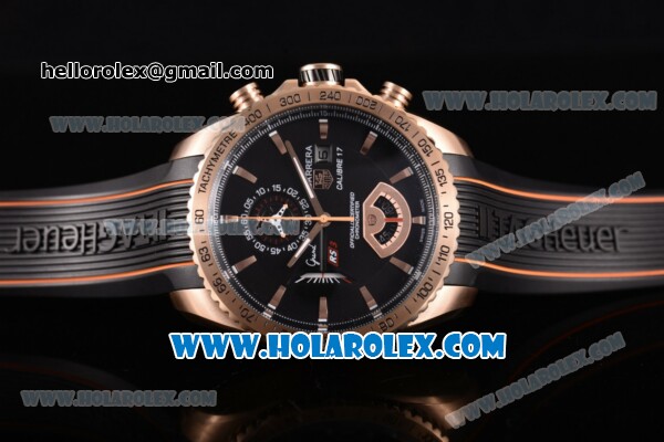 Tag Heuer Grand Carrera Calibre 17 RS3 Miyota Quartz Rose Gold Case with Black Dial Rubber Strap and Stick Markers - Click Image to Close